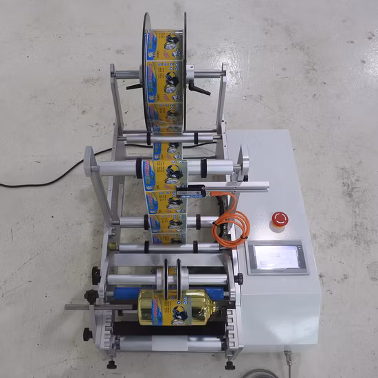 Gosunm Petite machine de collage d'autocollants Vin Bière Bouteille d'eau Flacon Baume à lèvres Ampoule Pot Tasse Récipient Enroulable Autour de la Machine d'étiquetage de bouteilles rondes semi-automatique